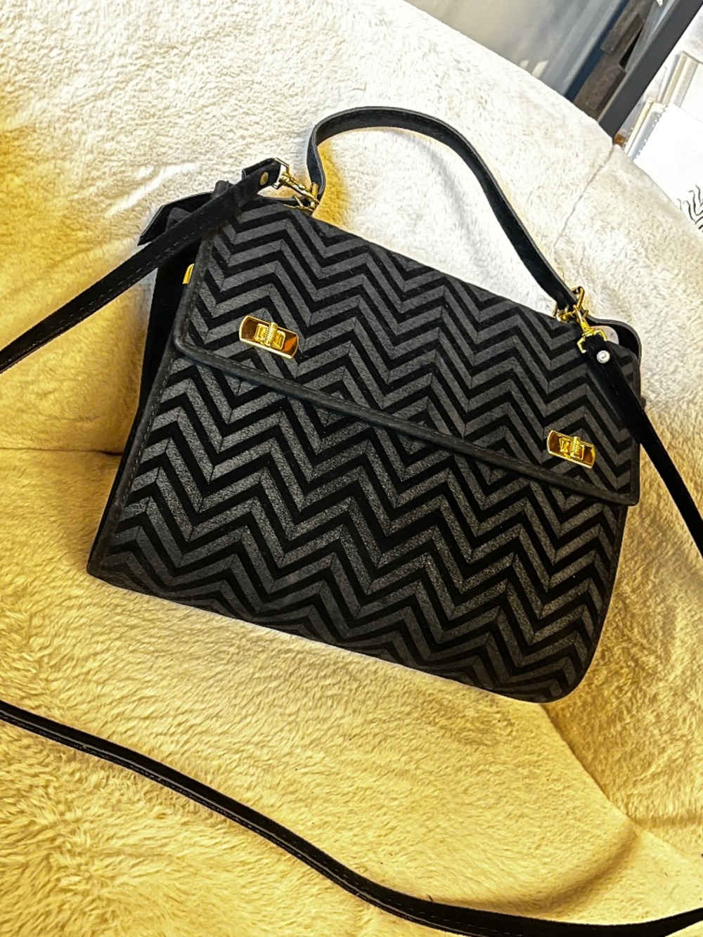 Vintage Black Velvet Chevron Scoop Bag